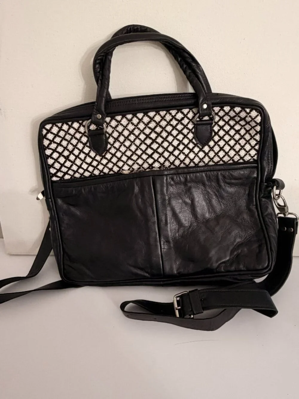 Moroccan Artisan Handmade Leather Briefcase & Inset Handwoven Rug Pattern
